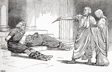 Scène de la pièce de William Shakespeare, Titus Andronicus, Acte V, Scène 2, de Les Œuvres de William Shakespeare, publié en 1896